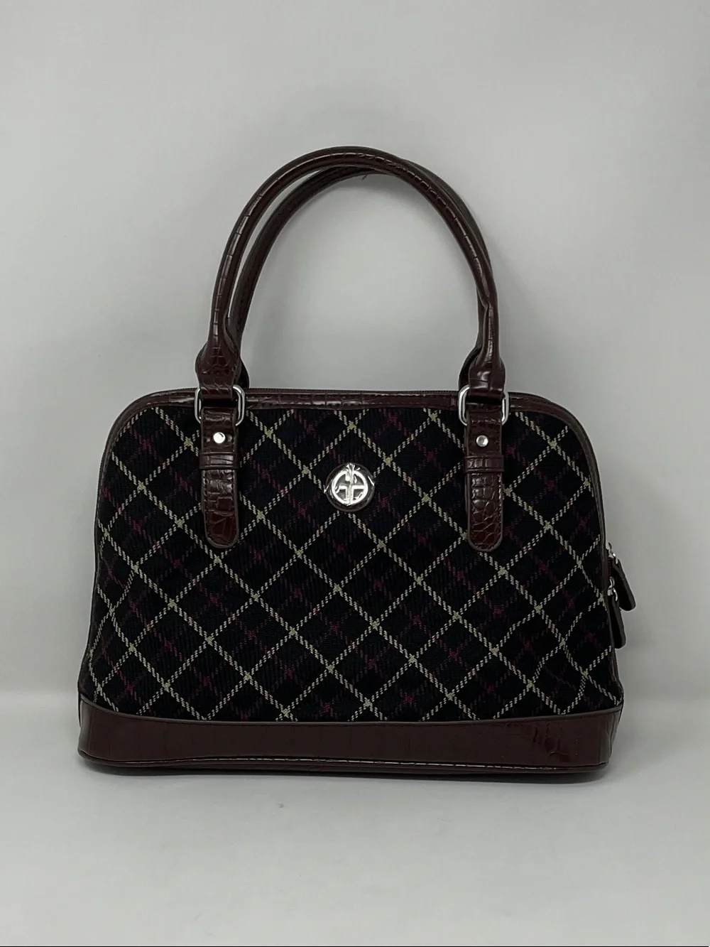 Giani Bernini Black Plaid Satchel with Brown Trim